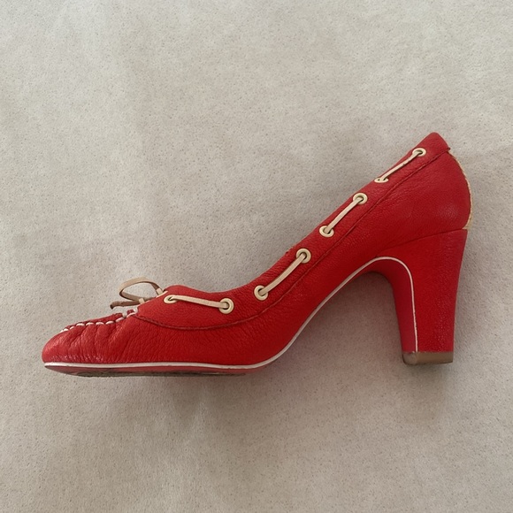 tomato red leather french sailor style comfy block heel size 10 - Picture 3 of 6